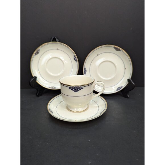 Gorham Fine China Florentine Lapis Footed 24K Gold Banded 1 Cup and 3 Saucers - Picture 1 of 11